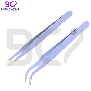 2 pinces à cils en acier inoxydable, pointe droite et courbée, couleur violette, pour extensions de cils - Product Image 2