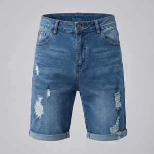 Mens <b>denim</b> shorts with premium <b>stretch</b> <b>fabric</b>, distressed ripped design, mid-rise fit, durable stitching, casual summer wear - Product Image 5
