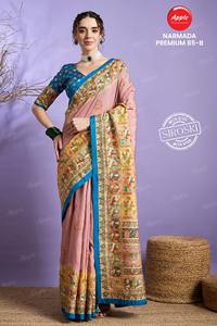 ชุดเทศกาลและงานแต่งงานพิมพ์ลายโดลาผ้าไหม Saree Narmada ตำแหน่งพรีเมี่ยม - Product Image 6