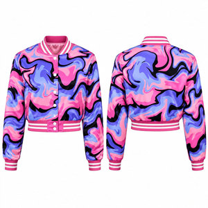 Pink <b>Purple</b> Flame Print <b>Varsity</b> <b>Jacket</b> Full Sleeve Turn-down Collar Button Closure Women's Spring Wear - Product Image 1