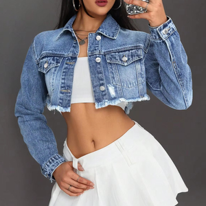 Veste en jean courte à manches longues pour femme, couleur bleue unie, respirante, en coton, style décontracté, basique, broderie matelassée, automne - Product Image 1