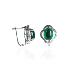 Pendientes Clásicos Vintage de Plata 925 con Jade Corte Esmeralda en Forma de Flor con Engaste de Garra, Joyería para Mujer, Uso Diario - Product Image 4