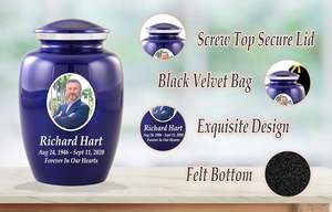 Urna de cremación de metal azul de tamaño personalizado, foto personalizada, hombre adulto, mujer, cenizas, entierro, hecho a mano, tamaño personalizado, azul - Product Image 2