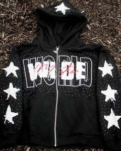 Personalizado bordado francés Terry cepillado algodón gráfico extremo pesado hombres cremallera hasta Sudadera con capucha de diamantes de imitación - Product Image 1