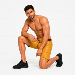 <b>Men's</b> <b>Yellow</b> Cargo <b>Shorts</b> Mid Waist Button Fly Solid Color Casual Style With Pockets Breathable Polyester Fabric - Product Image 3