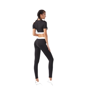 100% Cotton Custom Women's 2 Piece Activewear Set Black <b>Crop</b> Top High Waist <b>Leggings</b> Fitness Workout Sportswear Set Manufacturer - Product Image 2