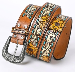 Nuevo Western Stylish Real Genuine Hand Tooled Leather Floral Design Belts Cinturón de cintura unisex de cuero hecho a mano de alta calidad - Product Image 6