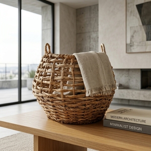 Natural Hand Woven Banana Bark <b>Storage</b> <b>Basket</b> Open Grid Knit <b>Mesh</b> Belly Pot Planter Arch Handle Pure Art Room Setup Decor Craft - Product Image 4