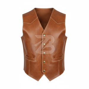 Chaleco de Cuero Genuino para Hombre, Color Cognac, Cuello Alto, Cierre Frontal con Cremallera, Chaleco de Motociclista, Marca Privada OEM, Chalecos y Chaquetas para Hombre - Product Image 4