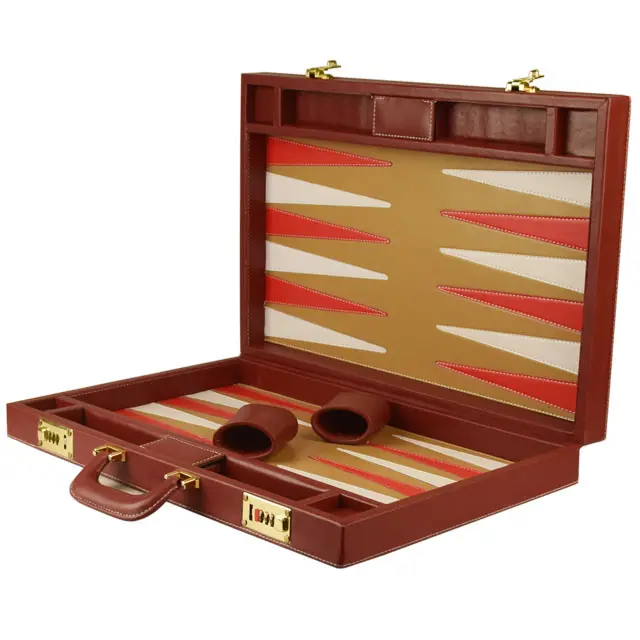 Backgammon Kulit Sapi Asli dengan Titik Permainan Bertatahkan, Catur Akrilik, Dadu & Kubus Ganda