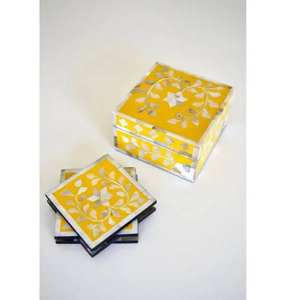 Luxury round <b>white</b> marble <b>coasters</b> set with holder featuring intricate shell stone inlay available at wholesale prices - Product Image 2