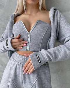 Fleece 100% Cotton Tracksuit Set Hoodie <b>Corset</b> Crop Top & Joggers Casual Solid Warm Loungewear - Product Image 2