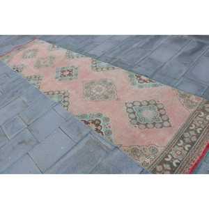 Vintage 3.1x12.1 ft <b>Rug</b>, Turkish <b>Runner</b> <b>Rug</b>, Pink Check <b>Rug</b> - Product Image 2