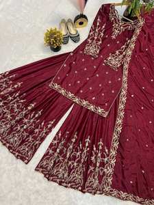 NOUVEAU SHARARA avec PLAZZO et KURTA TOP SALWAR KAMEEZ TRADITIONNEL POUR FÊTE, DÉTAIL EN CRÊPE ET LACETTE MOTI, Soie Pure - Product Image 5