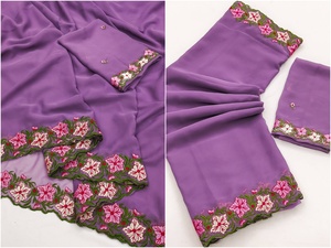 Elegante saree de diseñador para mujer con bordado floral en el borde, tela suave con blusa, ideal para bodas, fiestas y ocasiones festivas. - Product Image 2