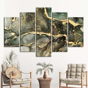 Lienzo Moderno con Estampado de Mármol Verde y Dorado, Arte de Pared Contemporáneo de Lujo, Mix de 5 Piezas: Enrollado para Exhibición - Product Image 1
