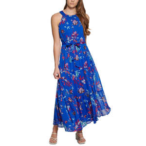 Abito in chiffon traspirante Calvin Klein da donna con scollo all'americana, cintura a balze, vita naturale, per l'ufficio, taglie XS-XL, blu, per il tempo libero. - Product Image 1