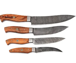 Juego de Cuchillos de Chef Damasco Hechos a Mano de 4 Piezas con Mango de Madera, Juego de Cuchillos de Cocina de Acero Damasco en Venta - Product Image 1
