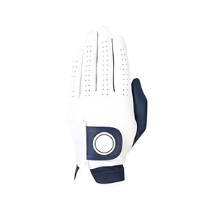 Guante de Golf de Cuero Cabretta Blanco con Correa de Muñeca Ajustable, Dedos Perforados Transpirables, Logotipo Personalizado, Uso en Exteriores, Azul Marino - Product Image 1