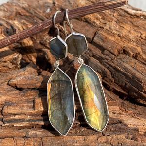 <b>Large</b> Labradorite Gemstone Earrings 925 Sterling Silver Handmade Statement Unique Fashion Jewelry Gift For Women Men - Product Image 5