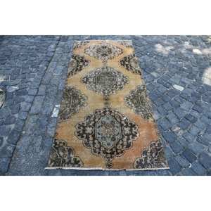 Alfombra turca Vintage naranja negro diseño de retazos 3,1X6,9 pies Alfombra de lana de tejido plano para decoraciones de sala de estar - Product Image 1