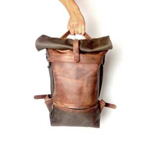 Vintage <b>Large</b> Capacity Rolling Top <b>Rucksack</b> Durable Genuine Leather Backpack with Anti-Theft Feature LRTB-0059 for Outdoor Use - Product Image 1
