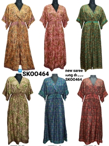 Vestido bohemio con estampado de encaje hasta el suelo de Sari de seda Vintage para mujer en varios colores - Product Image 5