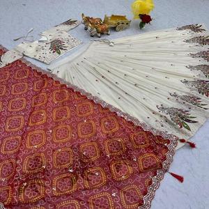 Lehenga Choli Tradicional Largo hasta el Suelo, Bordado a Mano, Trabajo de Lentejuelas Brillantes, Tejido Elástico de Seda Pura para Fiestas - Product Image 6