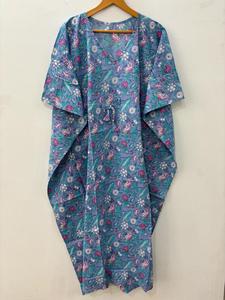 Bleu ciel Floral bloc imprimé Caftan longue courte coton robe de nuit Bikini couverture pour femmes parole longueur Maxi robe lavable décontracté - Product Image 5