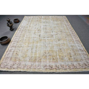 Tapis en laine beige vintage tapis plat turc de 7x9 pieds avec motif de patchwork en latex pour décorations de salon - Product Image 1