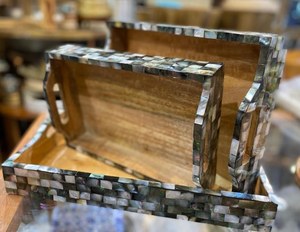 Ensemble de plateaux en bois incrustés de mosaïque noire élégante pour le style de table à la maison et les invités de divertissement Commande minimum 20 pièces plats et assiettes - Product Image 1