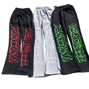 Pantalon évasé taille haute pour homme personnalisé 2024, en molleton français, streetwear, cargo empilé pour logo en strass droit, 100% - Product Image 1