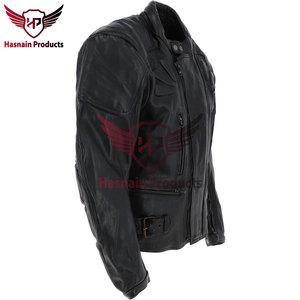 Blouson de moto en cuir véritable noir pour homme, col montant, avec boucle, fabricant OEM ODM - Product Image 4