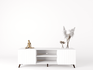 <span class=keywords><strong>Grand</strong></span> <span class=keywords><strong>meuble</strong></span> <span class=keywords><strong>TV</strong></span> moderne blanc mat avec portes à lattes et étagère ouverte <span class=keywords><strong>Meuble</strong></span> de rangement pour médias de <span class=keywords><strong>salon</strong></span> contemporain - Product Image 3