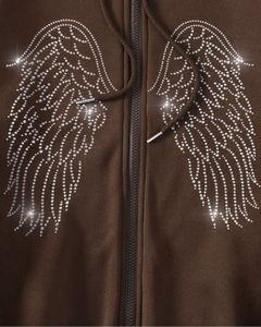 Sudadera con Capucha y Cremallera con Alas de Ángel y Pedrería Marrón para Mujer, Sudadera Holgada de Estilo Urbano, Chaqueta Informal de Moda para Invierno - Product Image 5