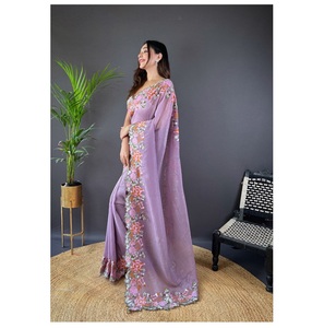 Saree en soie brillante douce de créateur à la demande avec travail de broderie Saree de vêtements de fête pour femmes pour l'approvisionnement mondial - Product Image 1