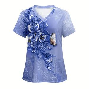Camiseta de verano de manga corta Unisex en 3D con estampado Floral contemporáneo, camiseta médica veterinaria de enfermería, uniformes de Hospital, tela de sarga - Product Image 1