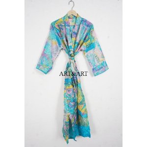 Western Kimono Wrap Robe Elegant 100% <b>Silk</b> Vibrant Ethnic Patterns Belted Waist Long Length Lace Decoration Soft Casual - Product Image 6