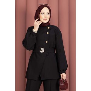 Conjunto de Traje de Dos Piezas para Mujer de Diseñador con Botones Dorados y Cinturón Color Negro - Product Image 2