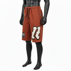 Shorts de basket-ball pour hommes en molleton de coton, couleur brun rouille, avec broderie de numéro et logo personnalisé, doux et épais, pour la salle de sport - Product Image 1