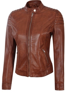 Best Selling Women's Brown Leather Jacket Distressed Vintage Motorbike Design Breathable Knitted <b>Fabric</b> - Product Image 2