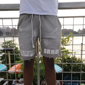 Haute qualité 100% coton Vintage lavé à l'acide Shorts personnalisé Streetwear sérigraphie peinture éclaboussures ourlet coupe Shorts pour unisexe - Product Image 5