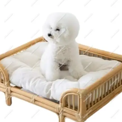 Cute Luxury Small Pet Dog Cat Sitting Bamboo Rattan Bed Sofa Chair Comfortable Cushion Ottoman for Pet Dog Cat Rest Sofa Chair