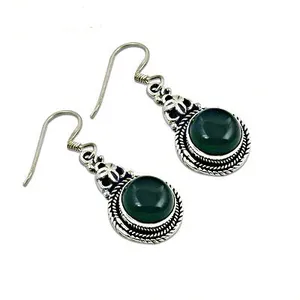 Boucles d'oreilles pendantes vintage en argent tibétain et jade vert pour femme, style antique, serti clos, forme goutte d'eau, bijoux tendance - Product Image 3