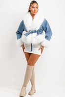 Chaqueta Vaquera Azul Premium con Peluche Sintético Blanco, Diseño de Manga Larga y Abullonada para Mujer, para Todas las Temporadas, Cómoda, Venta al Por Mayor
