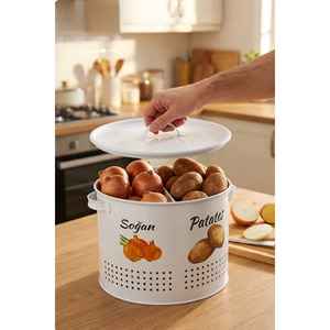 2-Compartment Large Potato and Onion Storage <b>Box</b> with Metal Lid and Design Print, Vegetable <b>Container</b>, White - Product Image 4