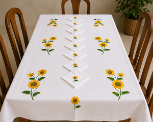 Hand Embroidered Sunflower Cotton <b>Tablecloth</b> Set Classic Floral Design Eco-Friendly Washable Customizable Home Use White - Product Image 2
