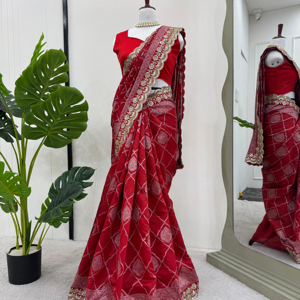 Saree นักออกแบบที่สวยงามพร้อมด้วยงานลูกไม้เขียนโค้ดและลำดับ - Product Image 1