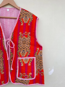 Veste matelassée sans manches à col en v pour femmes manteau long en coton imprimé tigre rouge rembourré pour l'hiver et l'automne - Product Image 4