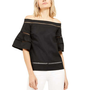 Top da donna Michael Kors in popeline e seta, nero, taglia XL, con bordo a occhiello all'uncinetto, stile casual, logo ricamato e pizzo - Product Image 1